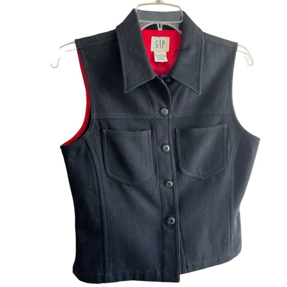 Vintage GAP Wool Blend Black Vest Women’s Size Small Medal Buttons Buckle Back - Picture 2 of 11